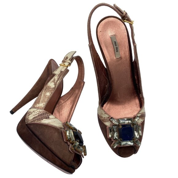 Miu Miu Shoes - Miu Miu Plaform Peeptoe Heels 36 Gemstone Detail Italy Vintage Y2K Brown Sling